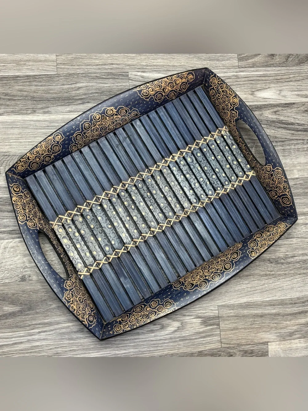 Ten Thousand Villages Blue Bamboo Batik Serving Tray 16x14 Hand Painted Wood Boh